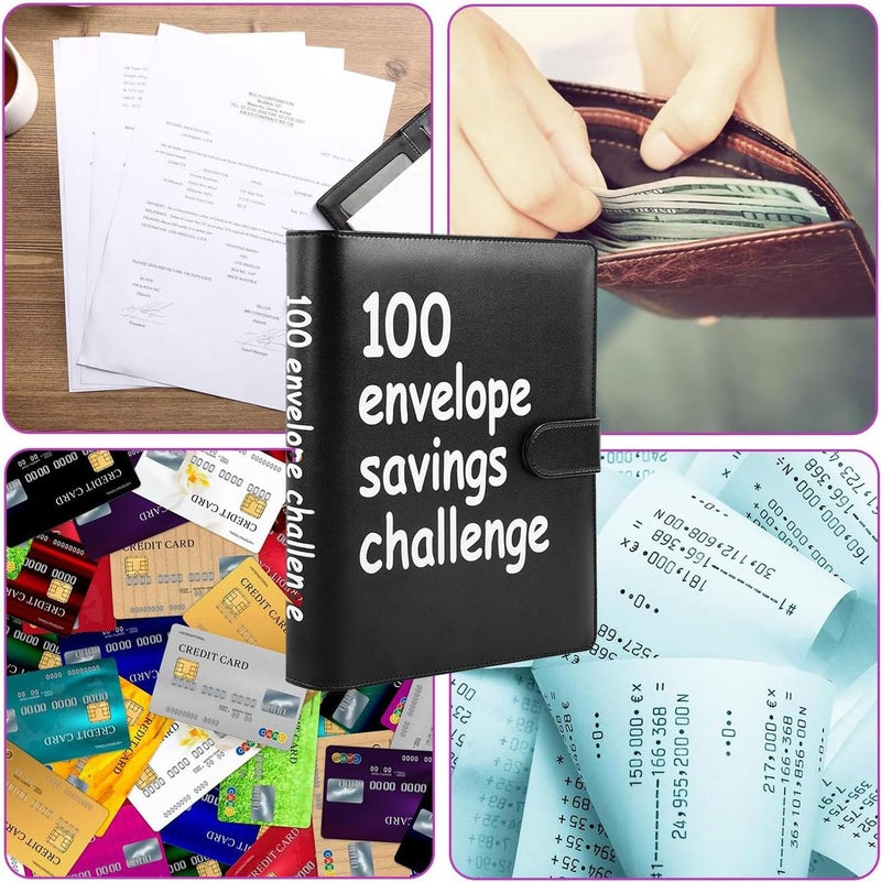 AASLOB 100 Envelopes Money Saving Challenge, 100 Envelope Challenge Binder, Easy and Fun Way to Save $5,050, Savings Challenges Budget Book Binder with Cash Envelopes for Office,Home,School (Black) - Image 4